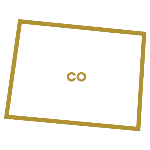 Outline of the state of Colorado with 'CO' abbreviation in gold 